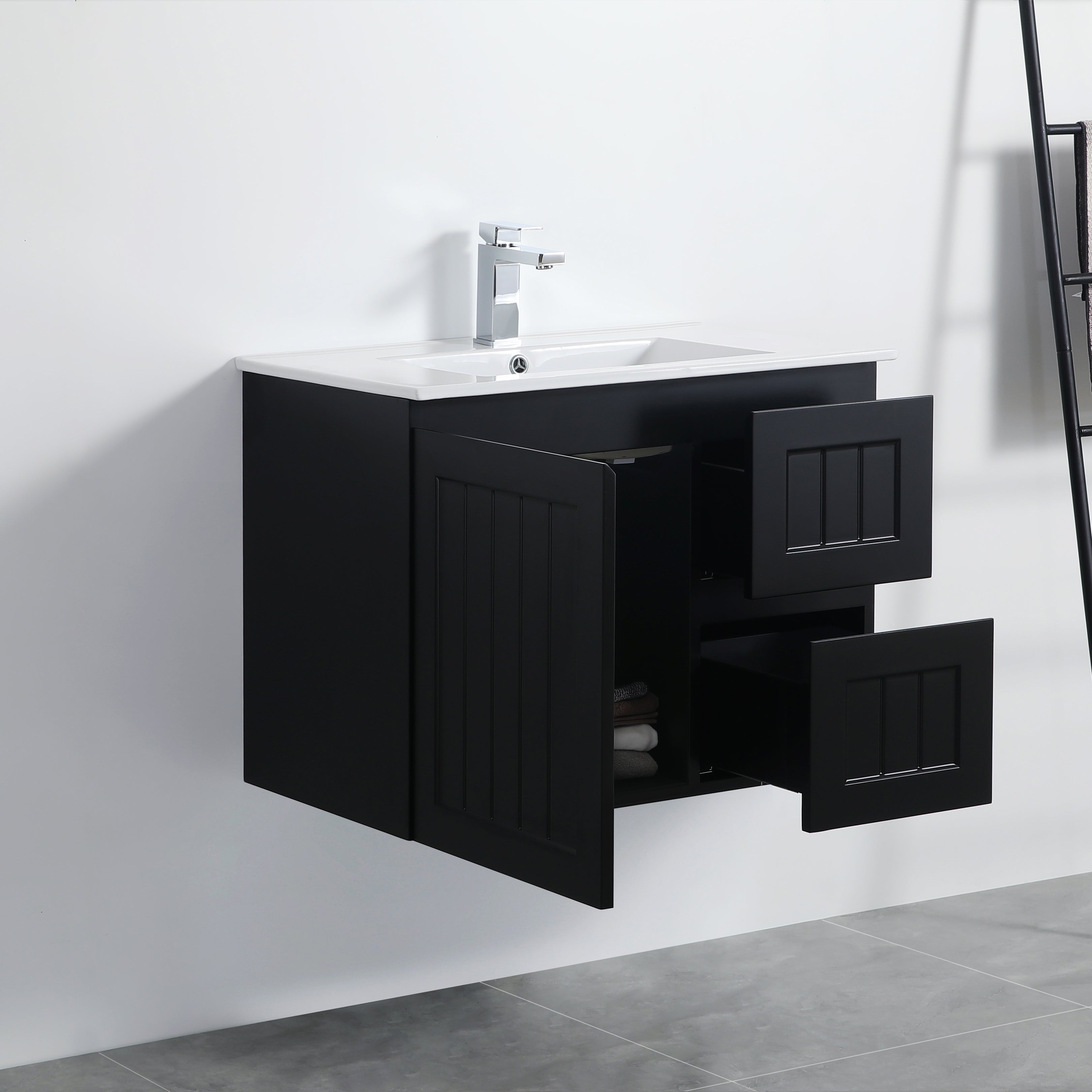 Exclusive ACACIA Shaker Wall-Hung PVC Vanity in Matte Black - 750mm Length