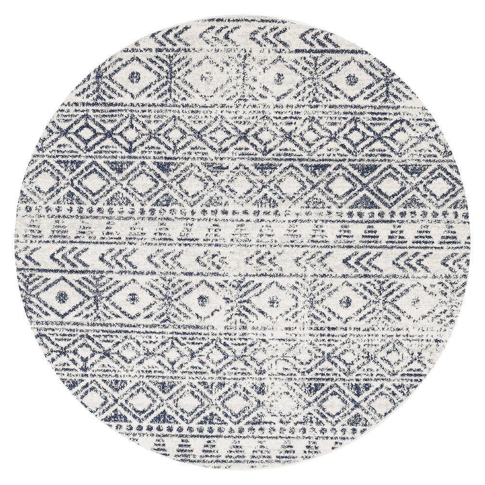 Ismail Oasis Rustic Round Rug in White and Blue Shades