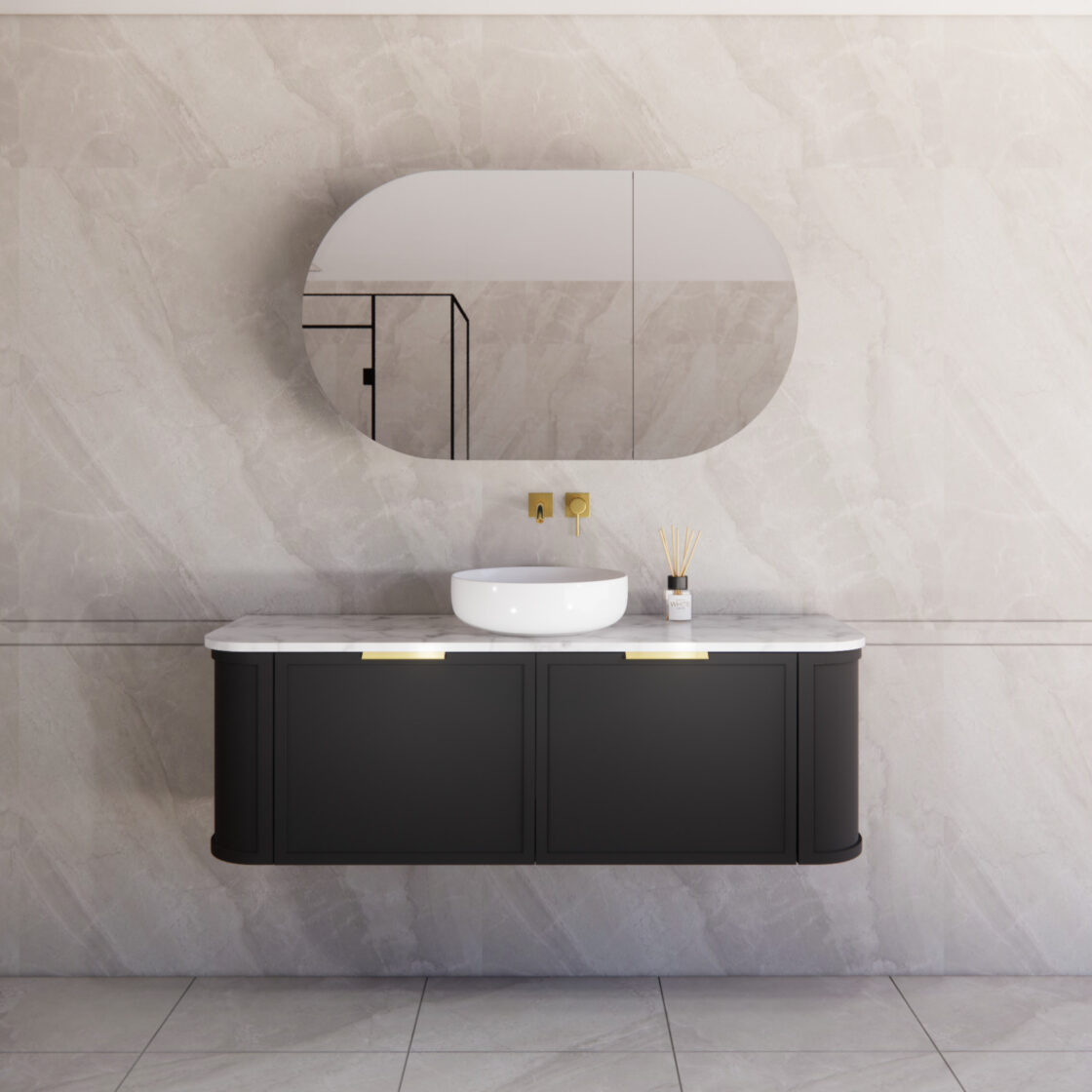 Matte Black ABS Houston Wall Hung Curved Double Bowl Vanity in All Sizes