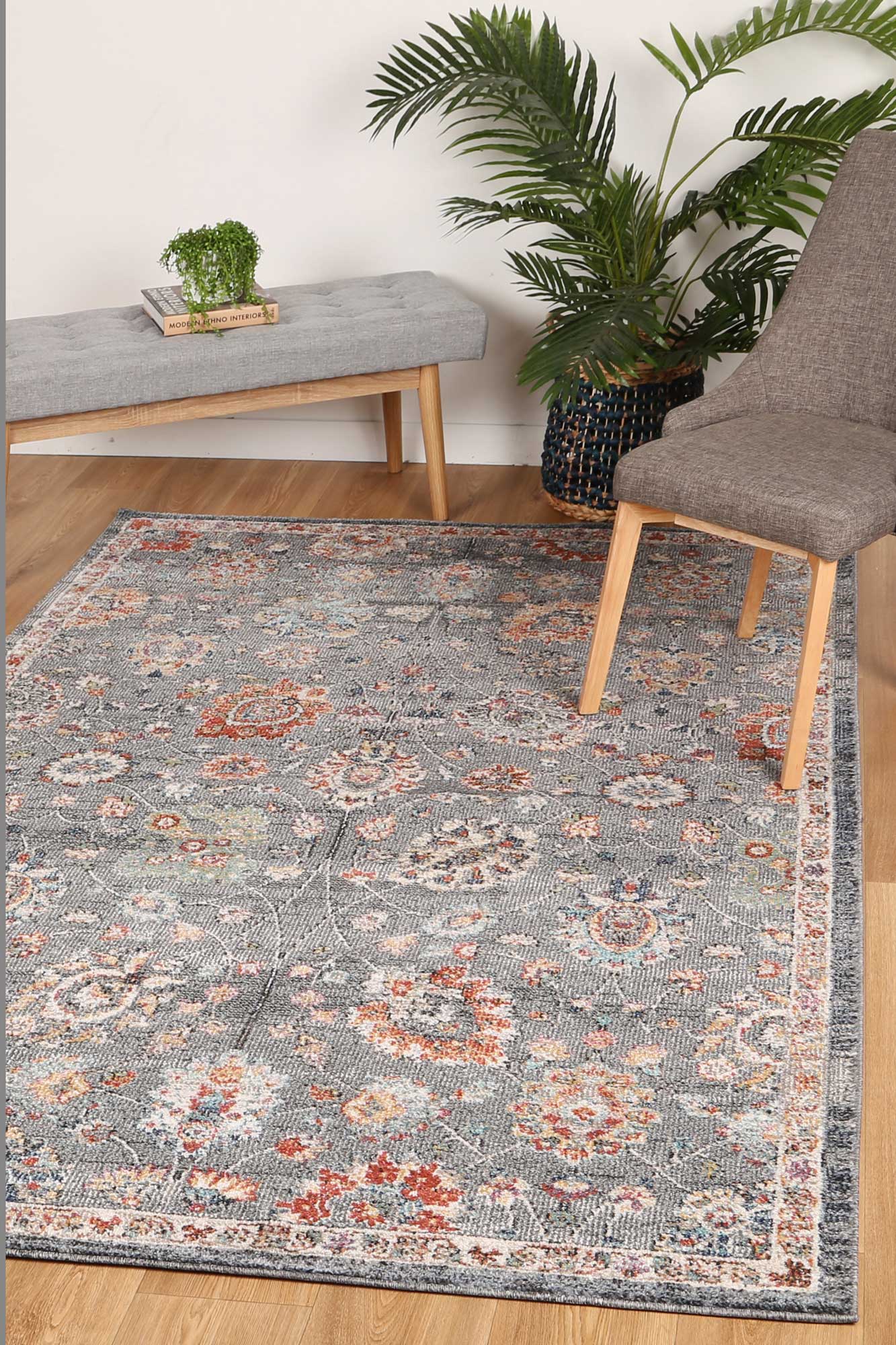 Ezra Vintage-Style Grey Floral Polypropylene Rug in Multiple Sizes