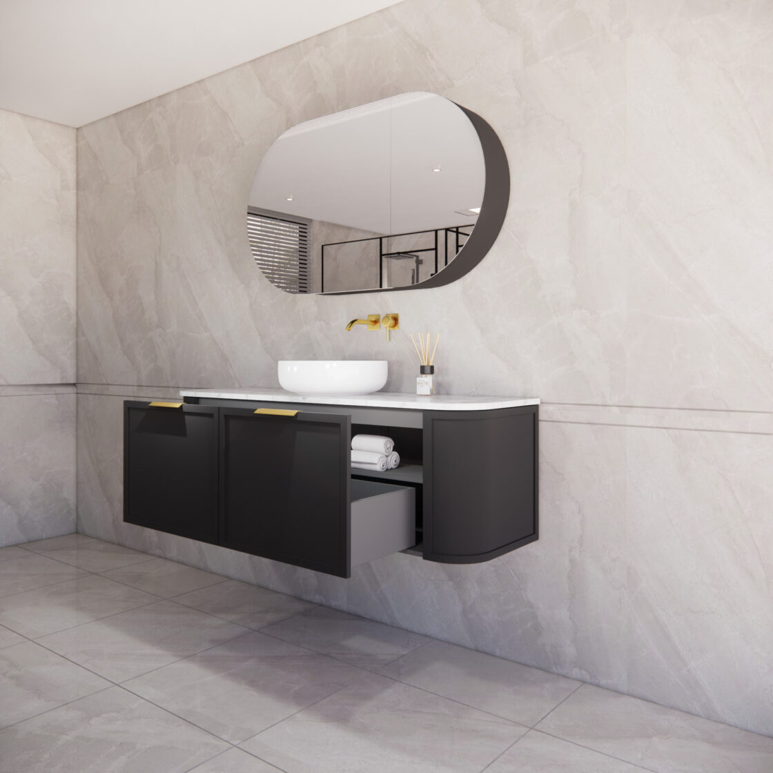 Matte Black ABS Houston Wall Hung Curved Double Bowl Vanity in All Sizes