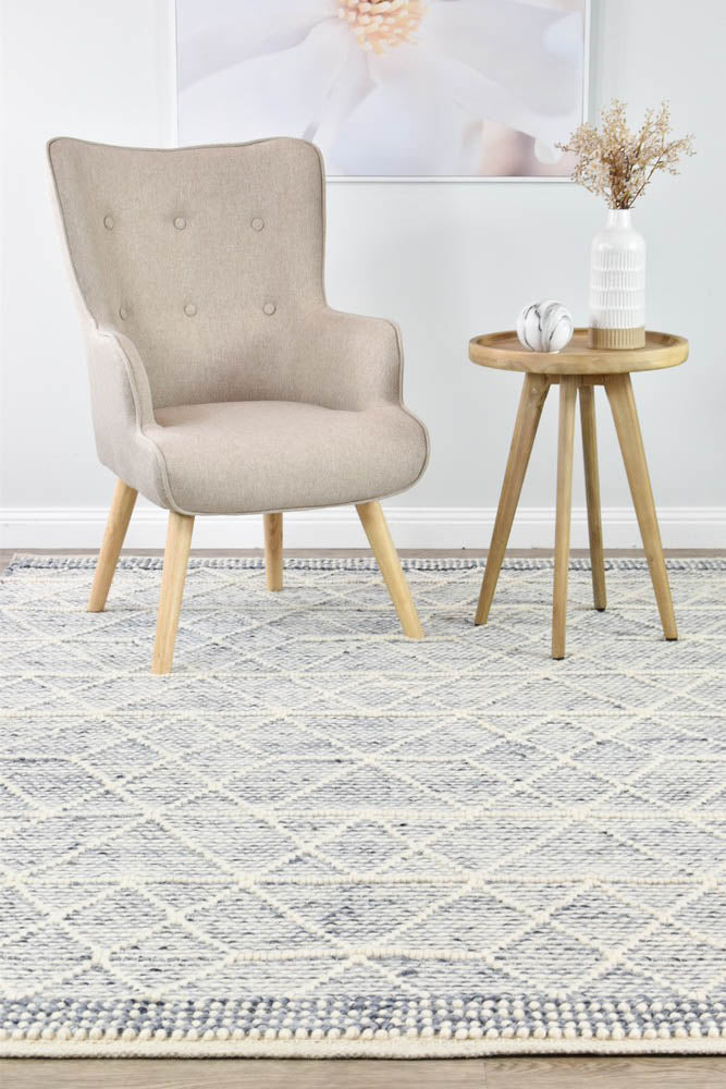 Albona Blue-White Blend Wool and Viscose Hand-Woven Rug