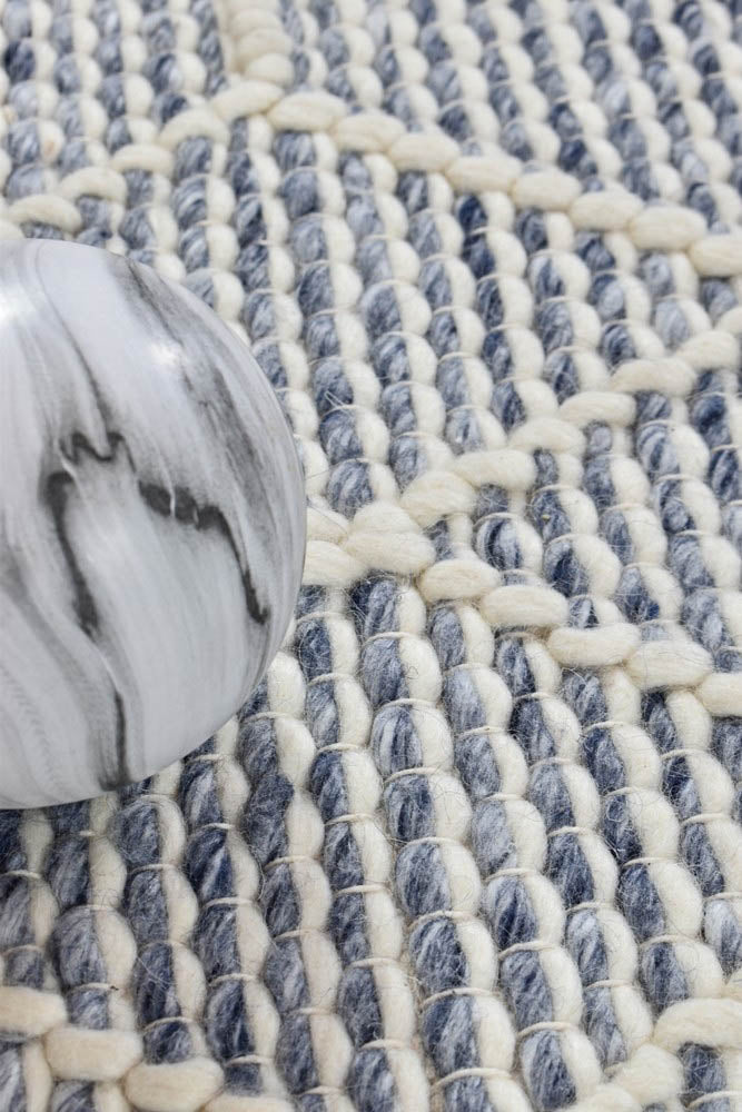 Albona Blue-White Blend Wool and Viscose Hand-Woven Rug