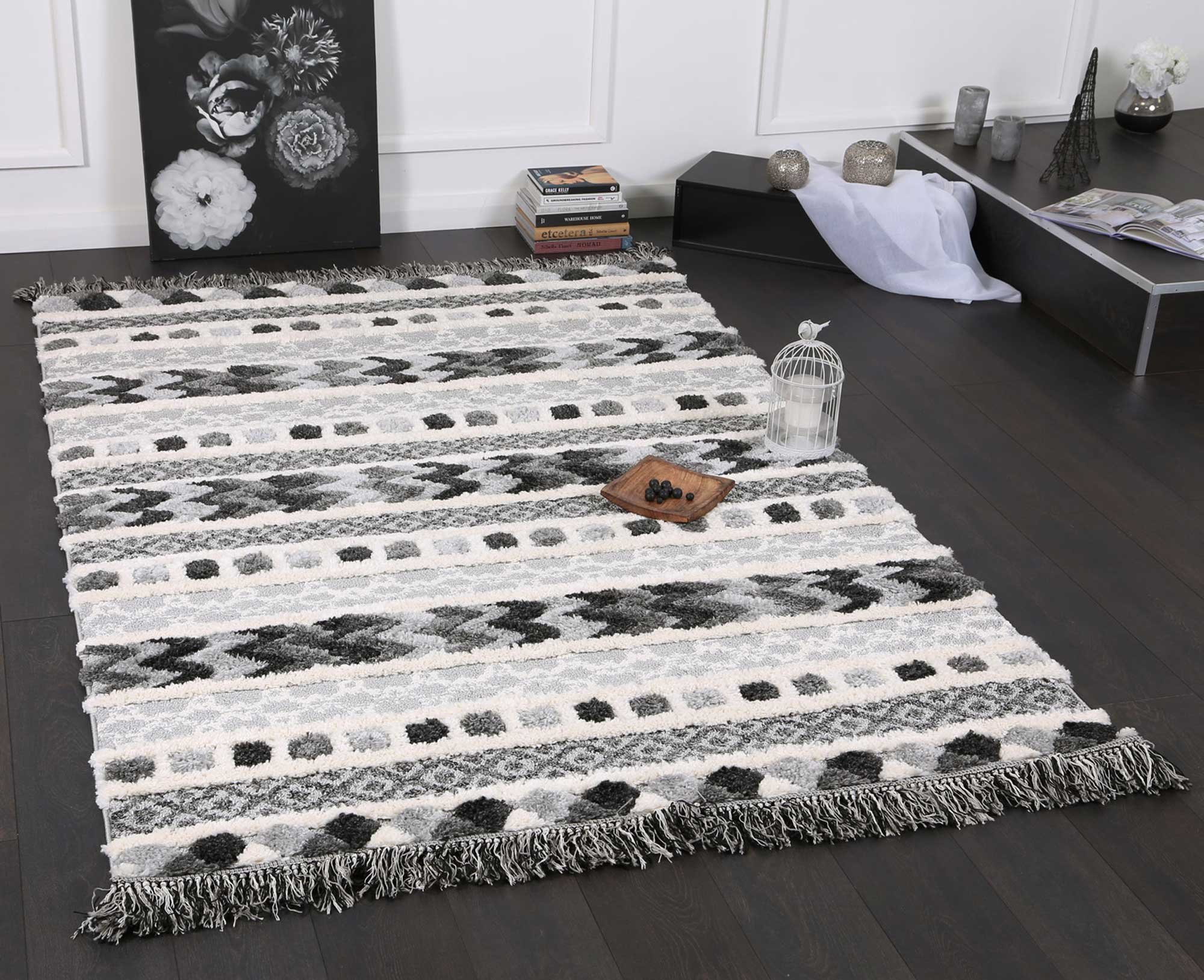 Hot! Mono Tribal Carved Cream Anthracite Rug