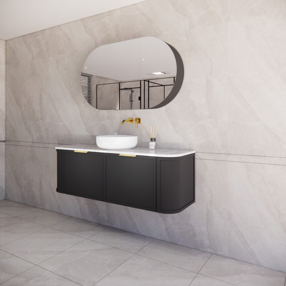 Matte Black ABS Houston Wall Hung Curved Double Bowl Vanity in All Sizes