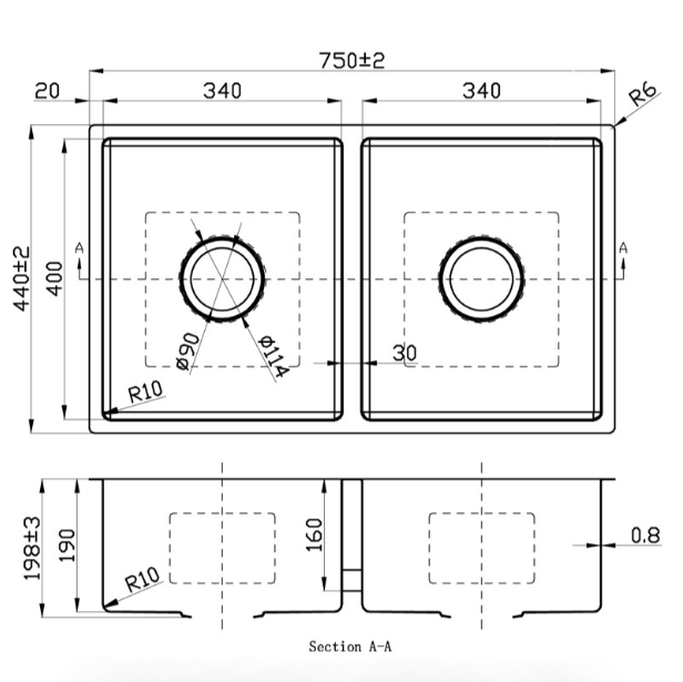Hot Deal: New Chrome Cora Above/Undermount Stainless Steel Sink, 750 x 440 x 200mm