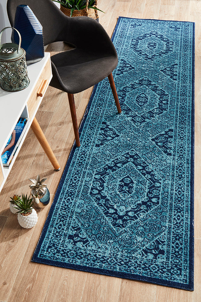 Vision Blue Runner Rug - Eternal Whisper, Distressed Vintage Look