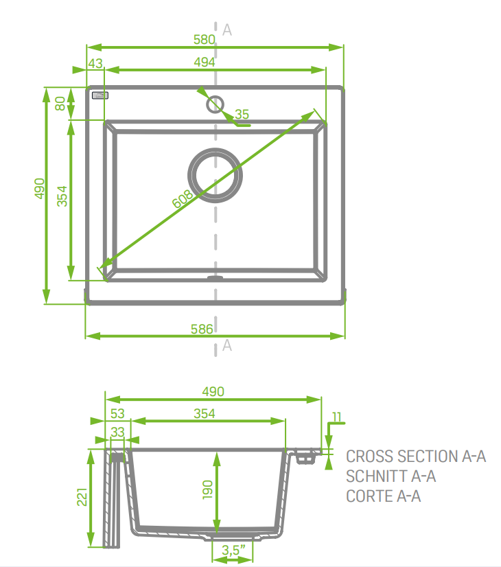 Laveo White Granite Single - Bowl Sink, 490x580x220mm for 600mm Cabinets
