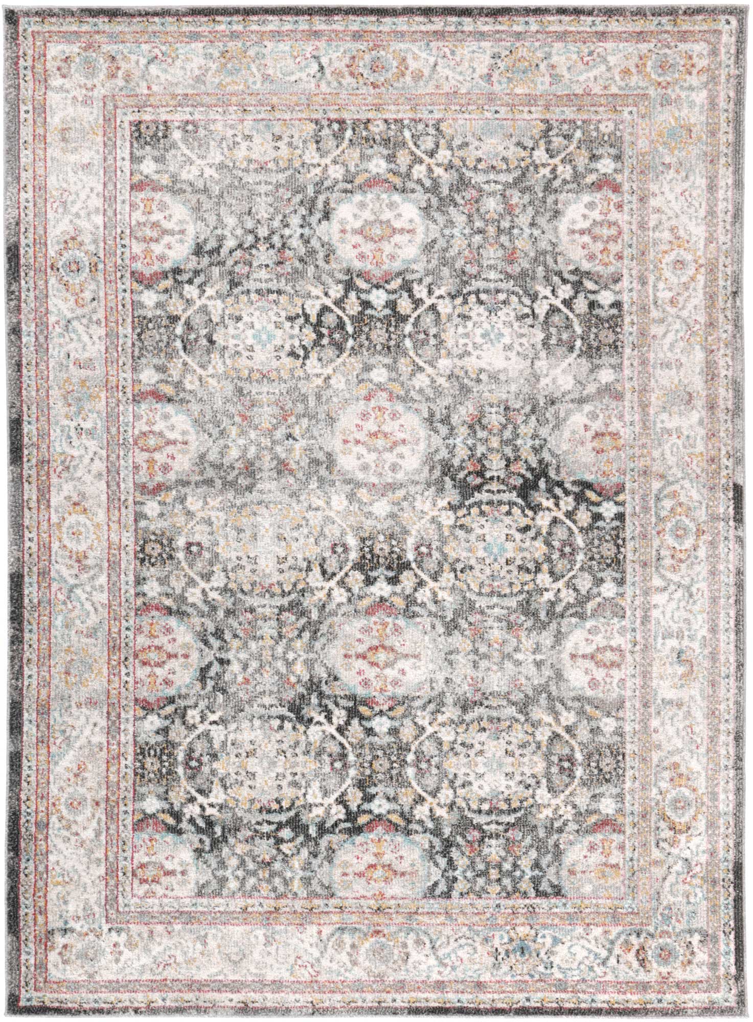 Ezra Vintage Oriental Style Polyester and Polypropylene Rug in Red, Anthracite/Grey, and Ivory