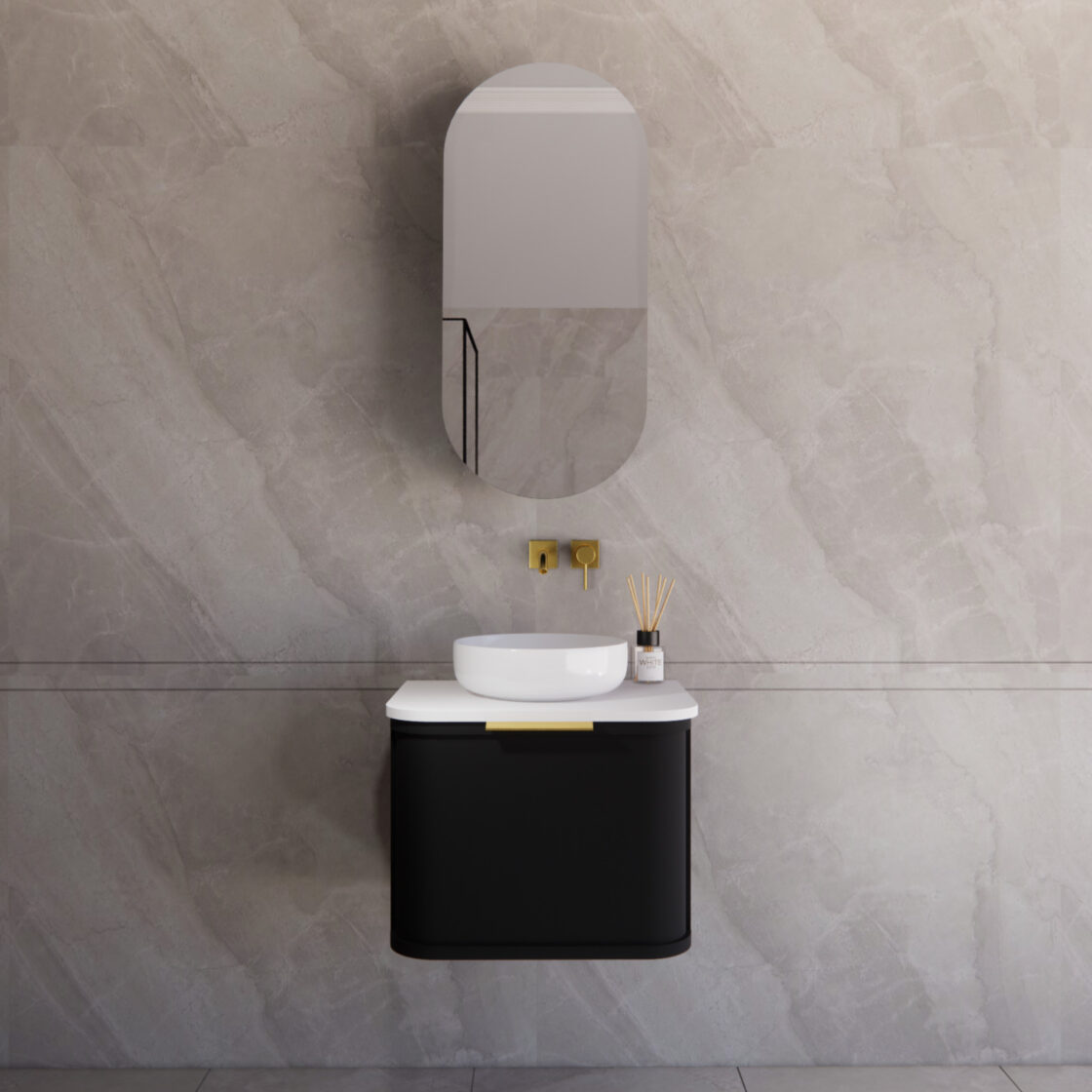 Matte Black ABS Houston Wall Hung Curved Double Bowl Vanity in All Sizes