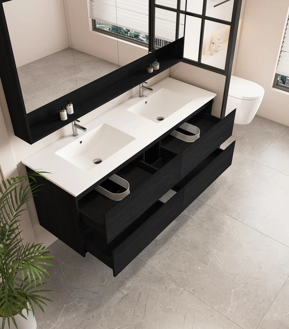 HERA Black Oak Wall-Hung MDF Vanity Cabinet - All Sizes Available