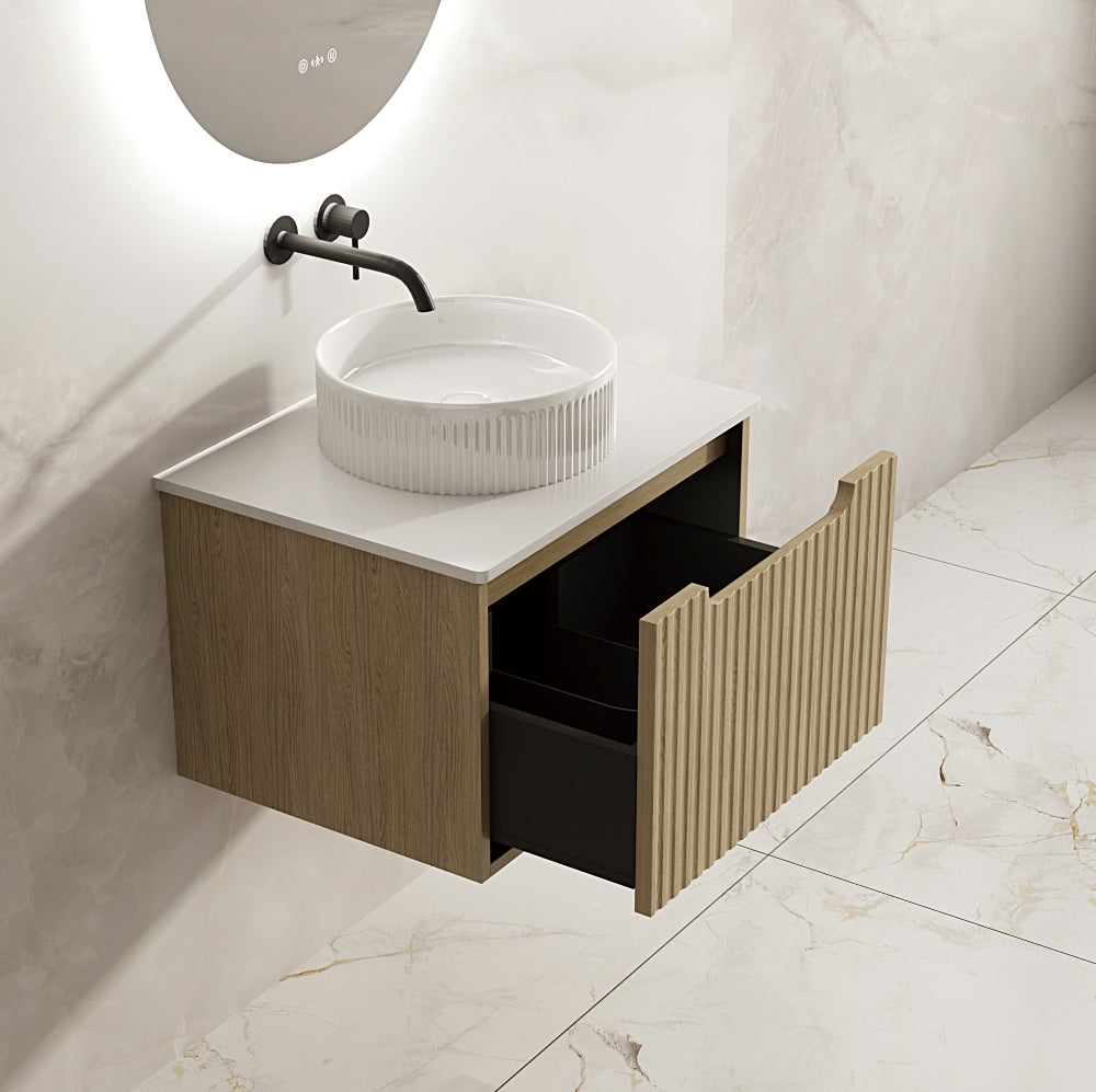 Get Stylish Fluted Rhea Wall-Hung Vanity in Natural Oak (All Sizes)