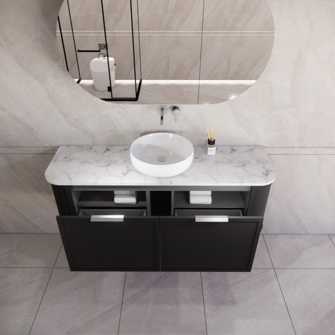 Matte Black ABS Houston Wall Hung Curved Double Bowl Vanity in All Sizes