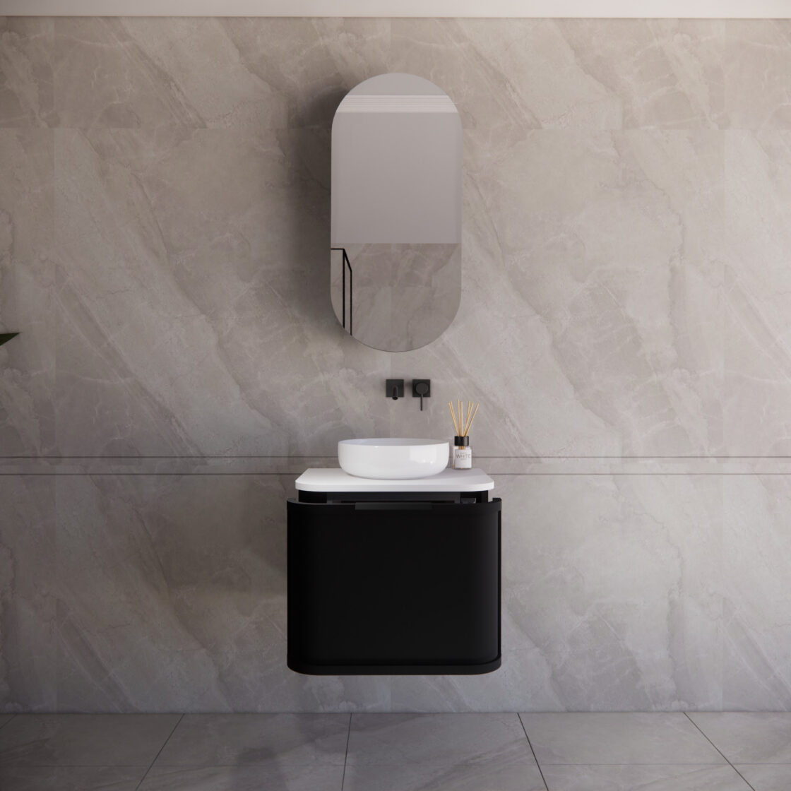 Matte Black ABS Houston Wall Hung Curved Double Bowl Vanity in All Sizes