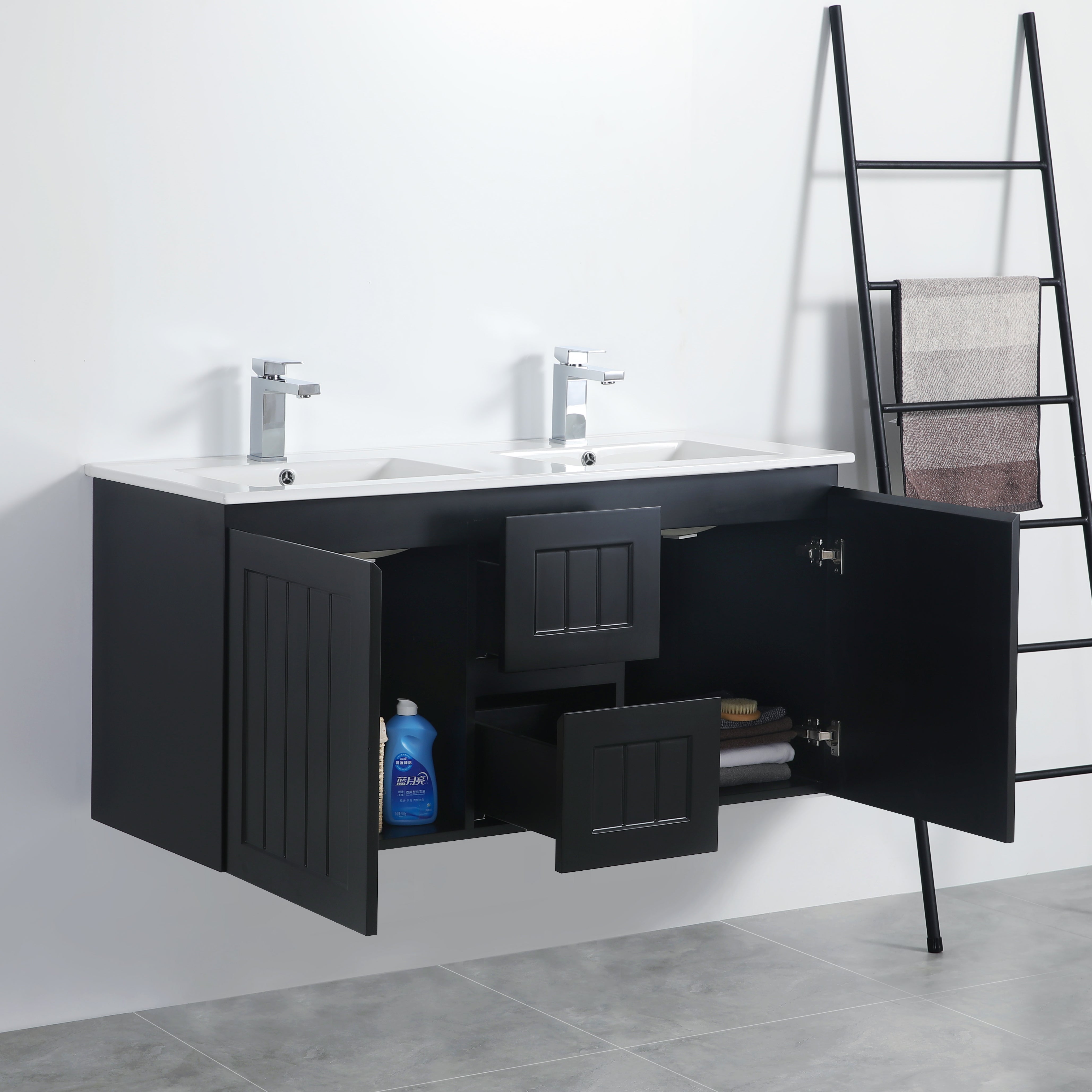 ACACIA Shaker Wall-Hung PVC Vanity - Double Bowl, 1200mm in Matte Black (On Sale!)