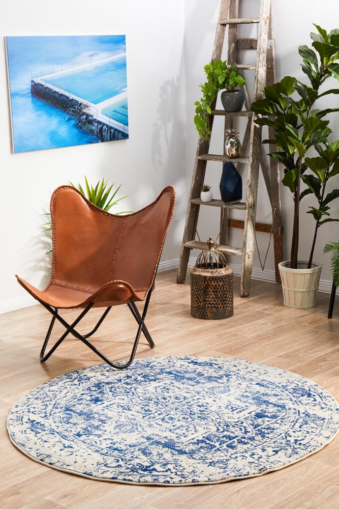 Hot Sale! Evoke Horizon Transitional Round Rug in White and Navy