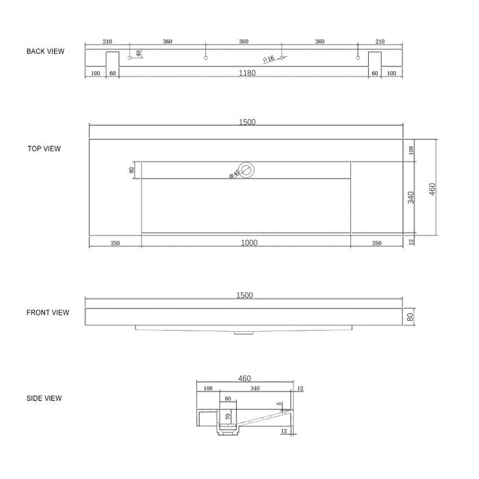 Exclusive Moonlight Solid Surface Rectangle Basin with Optional Mixer & Bottle Trap (1500x460x80)