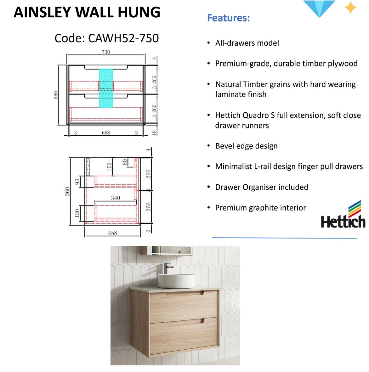 Exclusive AINSLEY Wall-Hung Bathroom Vanity in Natural Oak, Available in All Sizes