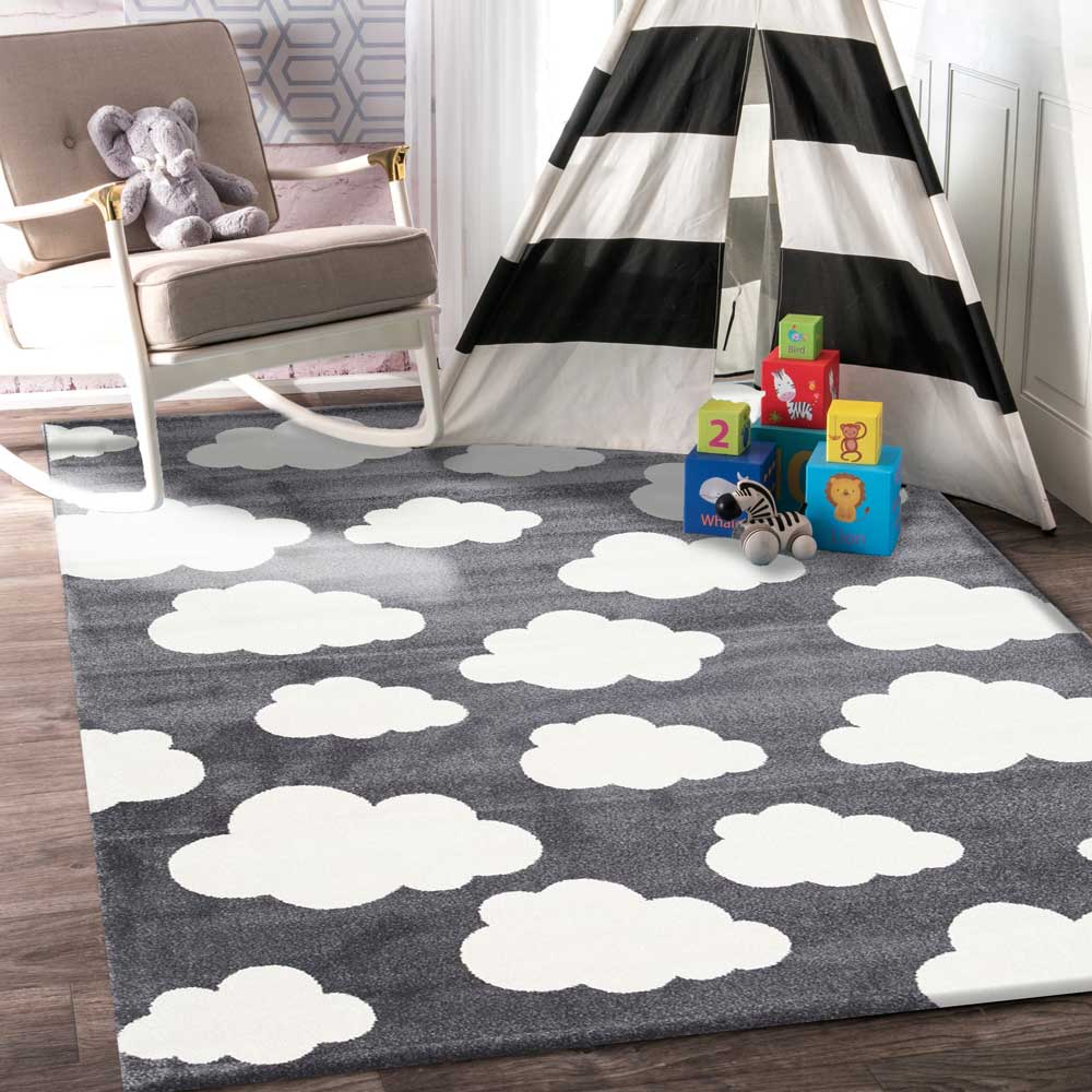 Piccolo Kids Rug in Dark Grey and White Cloud Design