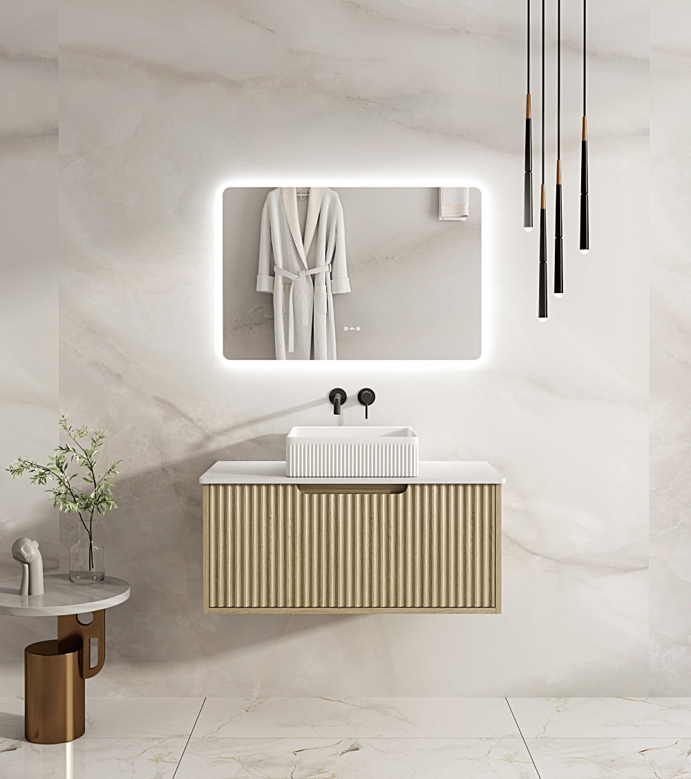 Get Stylish Fluted Rhea Wall-Hung Vanity in Natural Oak (All Sizes)