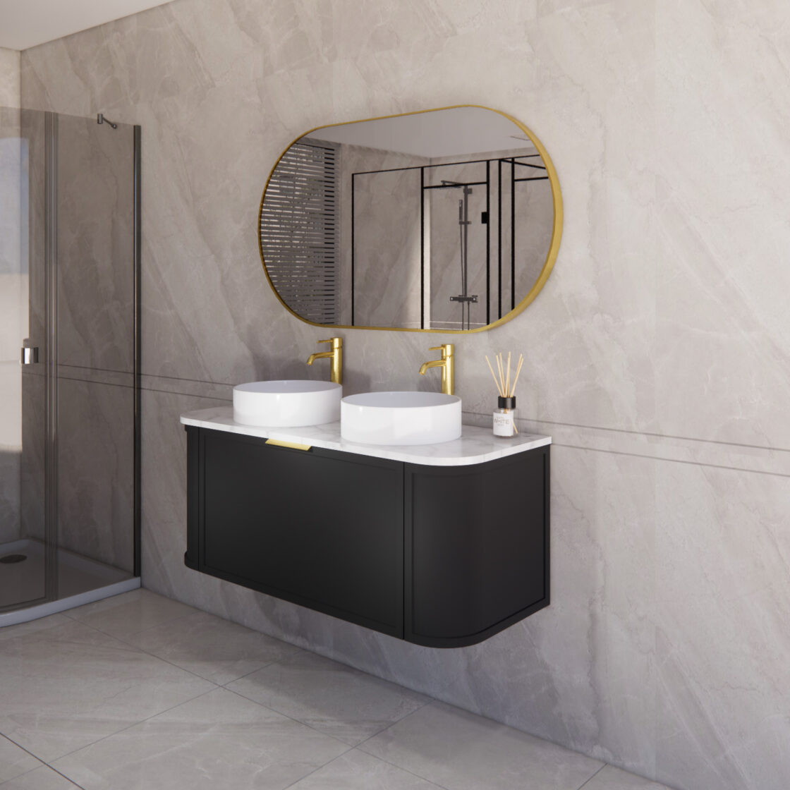 Matte Black ABS Houston Wall Hung Curved Double Bowl Vanity in All Sizes