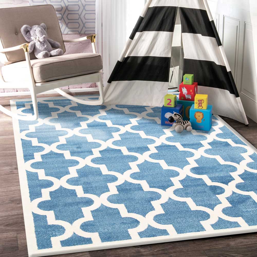 Piccolo Kids Rug with Blue and White Lattice Pattern for Endless Fun