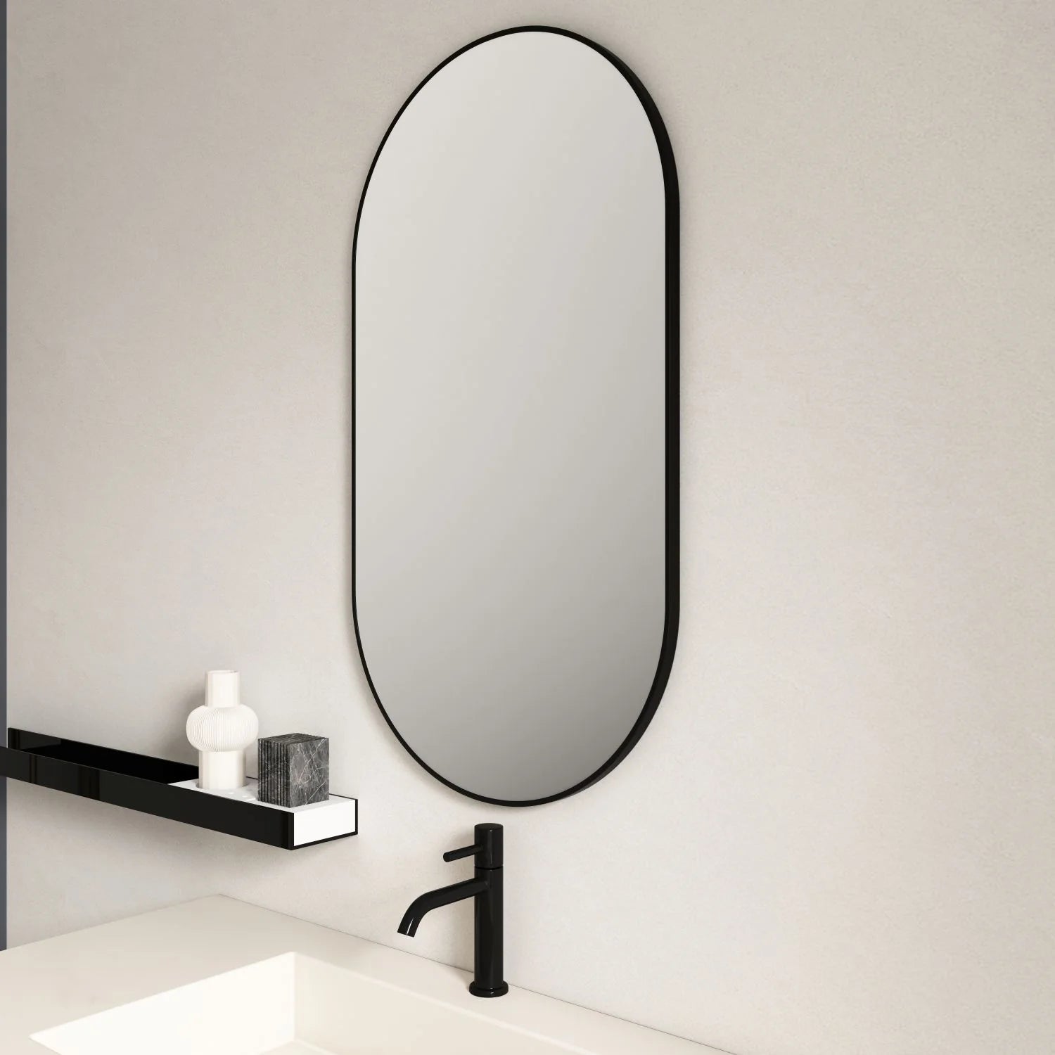 Hot Deal! 900x500mm Matte Black Aluminum Framed Oval Mirror