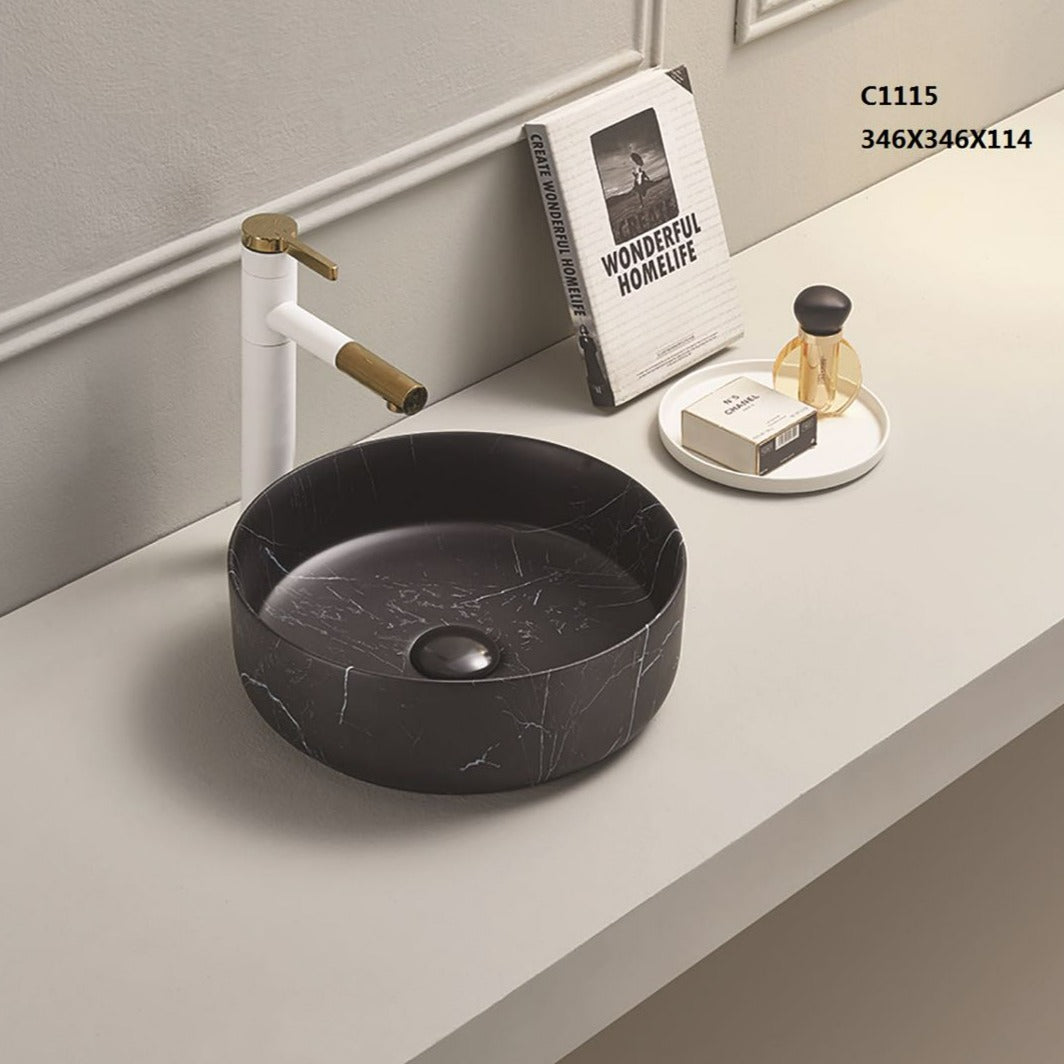 Hot Deal: POSEIDON Round Matte Black Carrara Basin (346x346x114)
