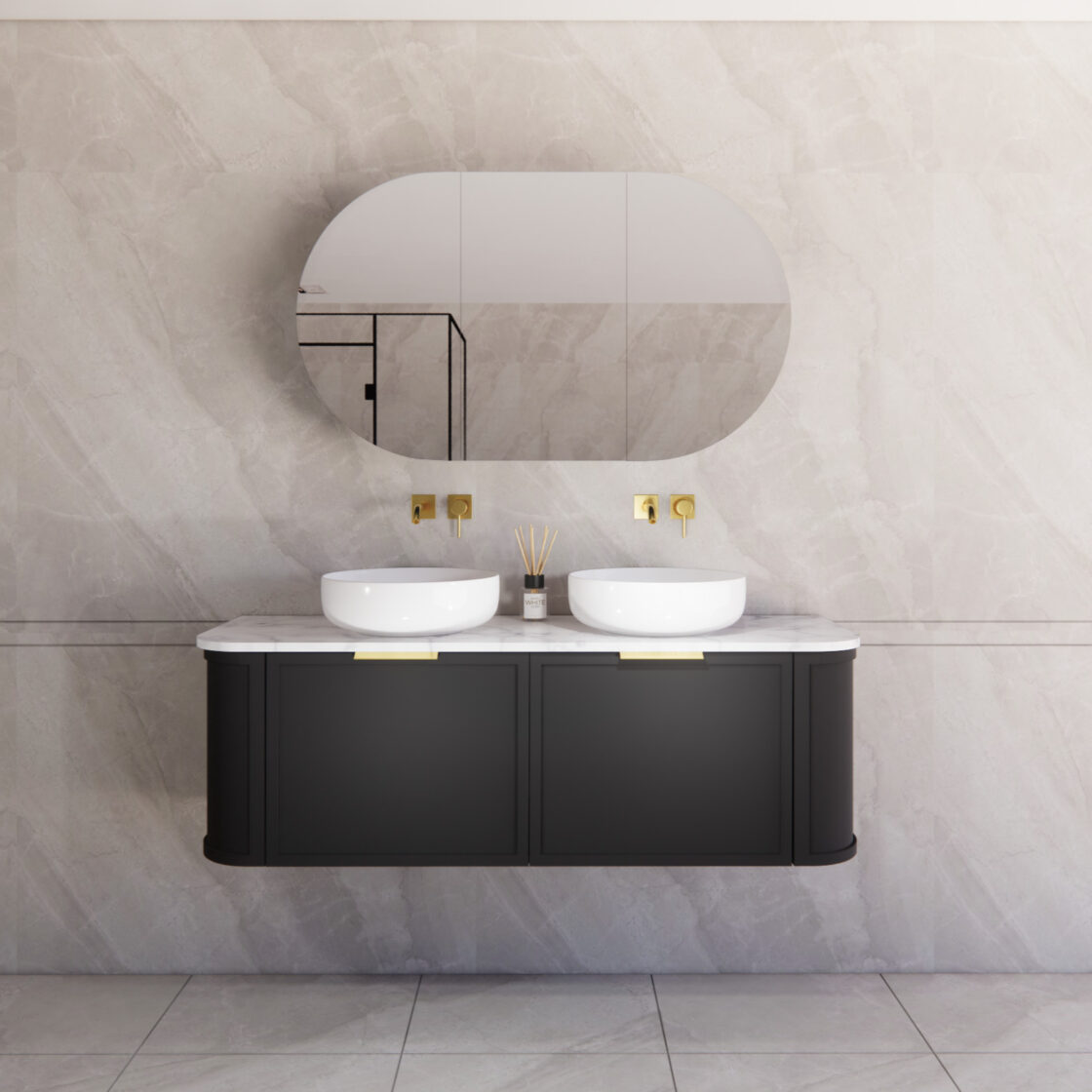 Matte Black ABS Houston Wall Hung Curved Double Bowl Vanity in All Sizes