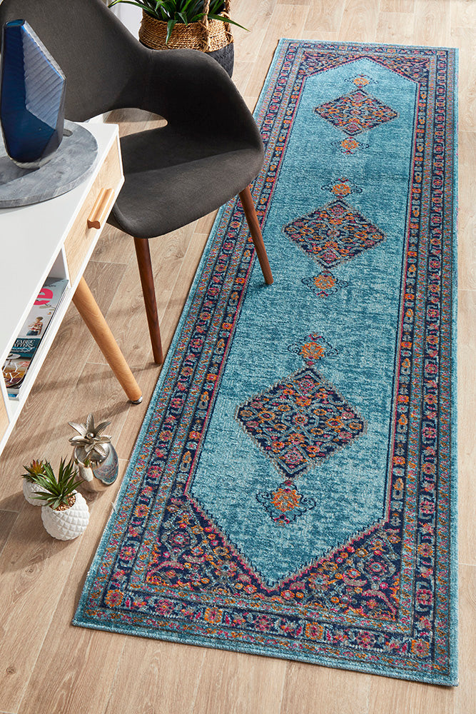 Blue Diamond Pattern Distressed Runner Rug with Eternal Whisper Style