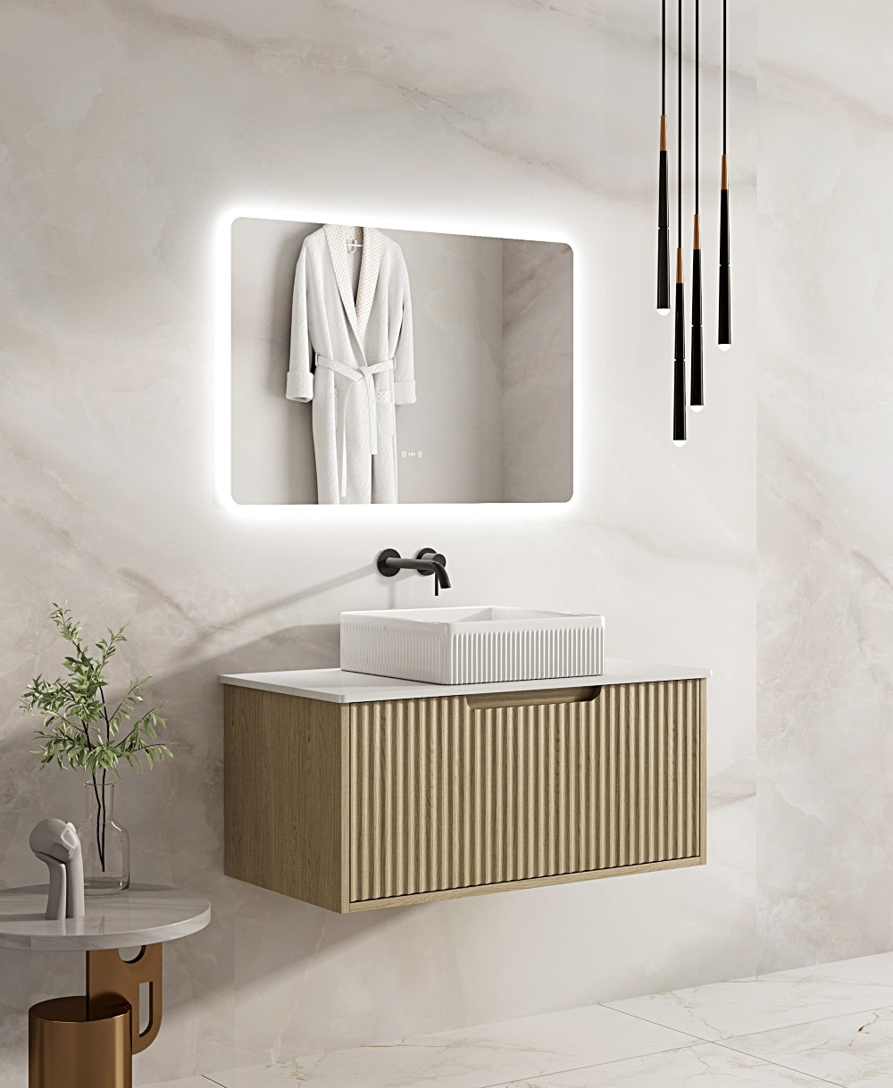 Get Stylish Fluted Rhea Wall-Hung Vanity in Natural Oak (All Sizes)