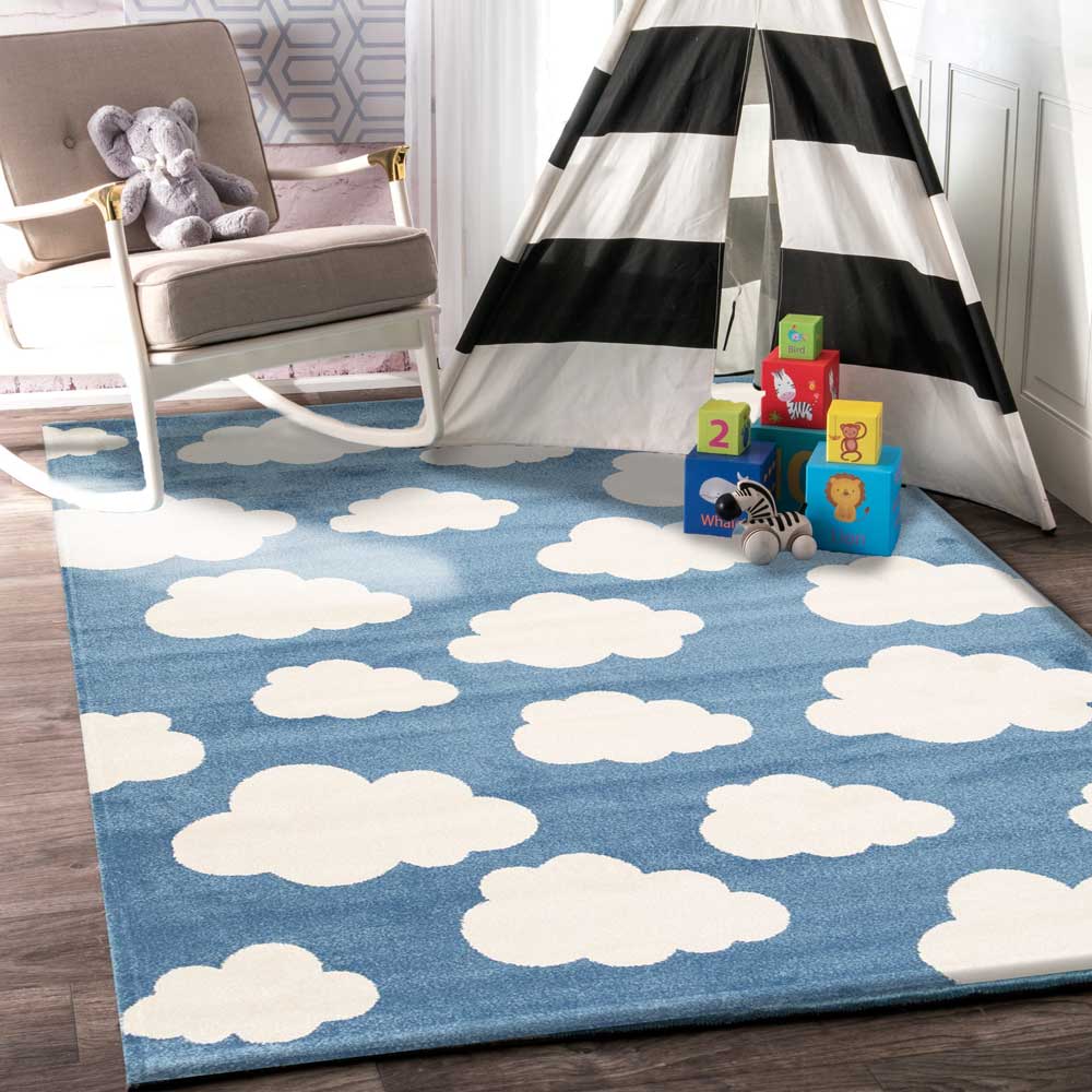 Hot Sale! Piccolo Kids Rug in Blue and White Cloud Design - Ideal for Boys, Girls, and Unisex Use