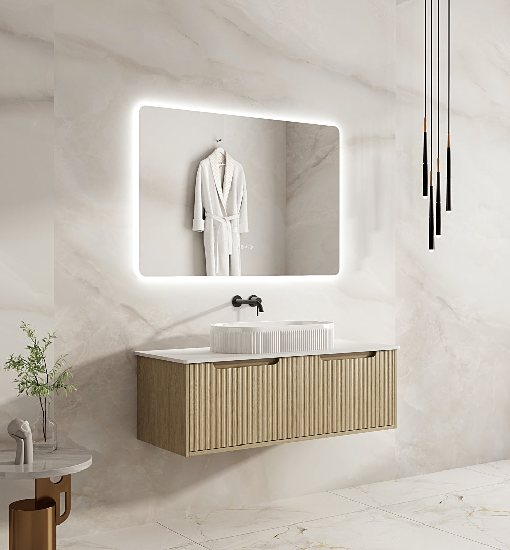 Get Stylish Fluted Rhea Wall-Hung Vanity in Natural Oak (All Sizes)
