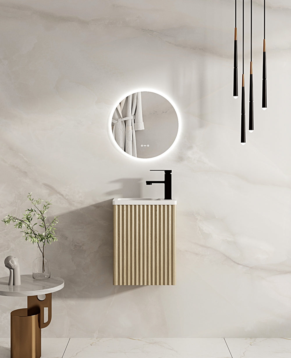 Limited Offer! 400mm Fluted Rhea Mini Wall - Hung Bathroom Vanity in Natural Oak with Gloss White Basin