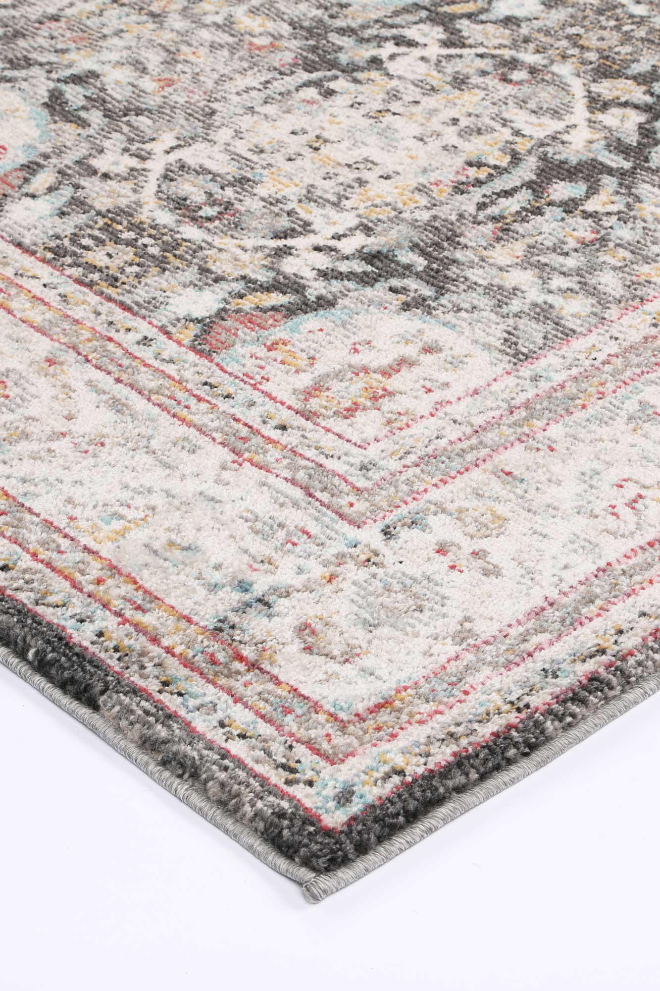 Ezra Vintage Oriental Style Polyester and Polypropylene Rug in Red, Anthracite/Grey, and Ivory