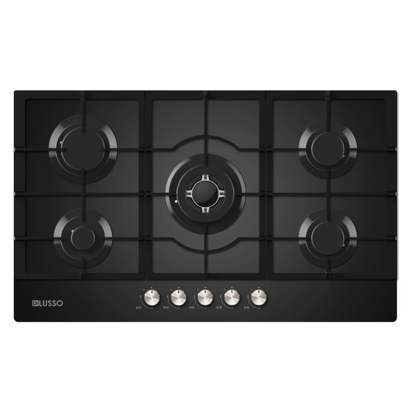 900mm Black Glass Gas Cooktop with Sturdy Cast Iron Trivets and Italian Burners