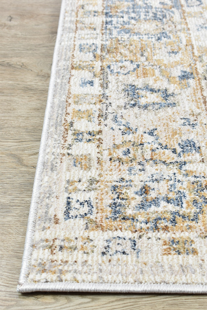Stylish Medina Blue and Grey Floral Rug 0321B with Faded Look
