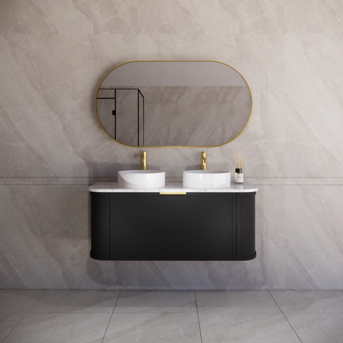 Matte Black ABS Houston Wall Hung Curved Double Bowl Vanity in All Sizes