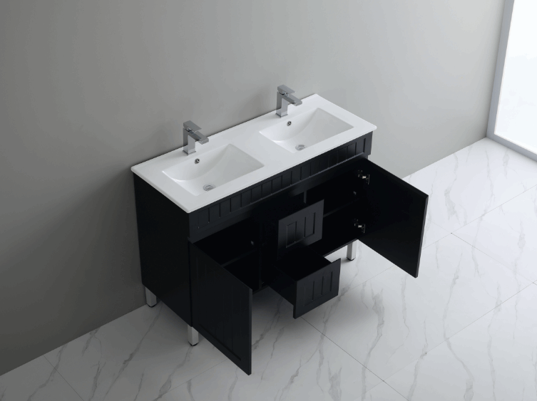 Promotional 1200mm Double Bowl Acacia Shaker PVC Floor Standing Vanity