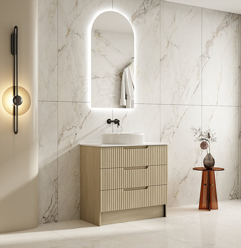 All-Size Natural Oak Fluted Rhea Floor Standing Bathroom Vanity