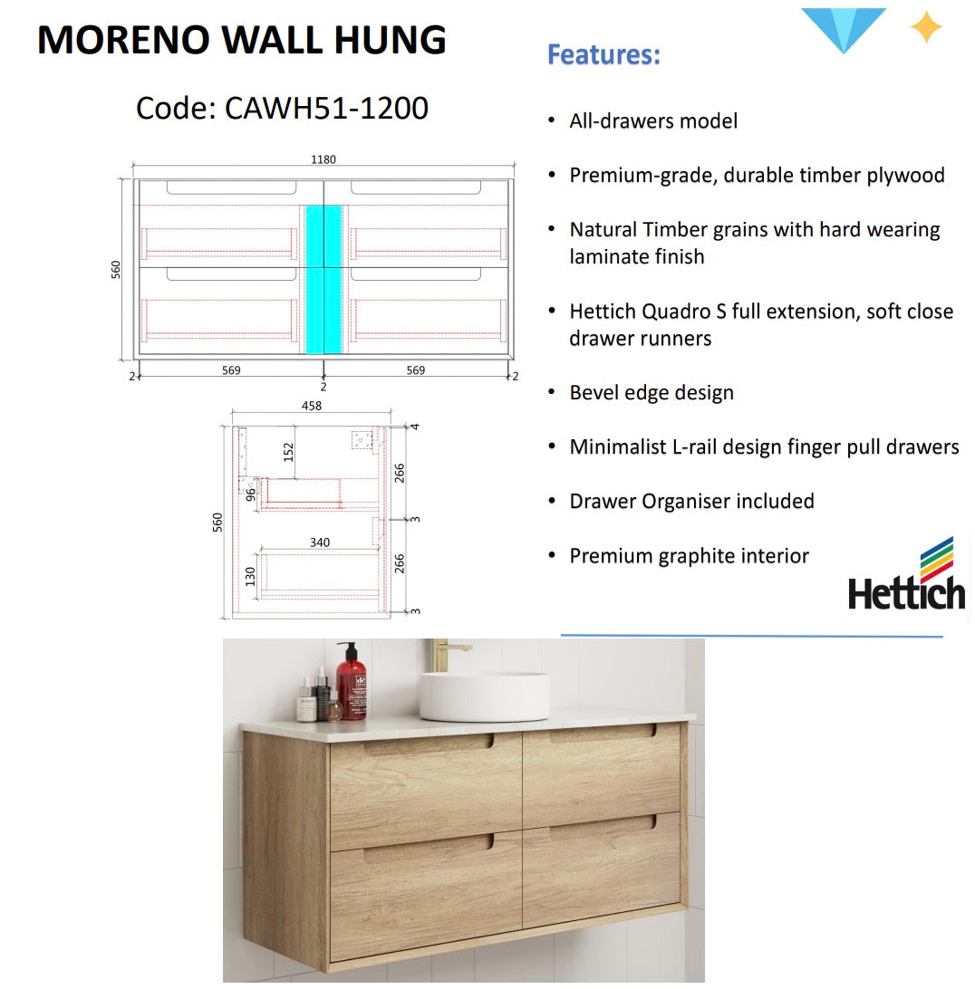 Hot Sale! Moreno Wall - Hung Bathroom Vanity in Natural Oak, Available in All Sizes