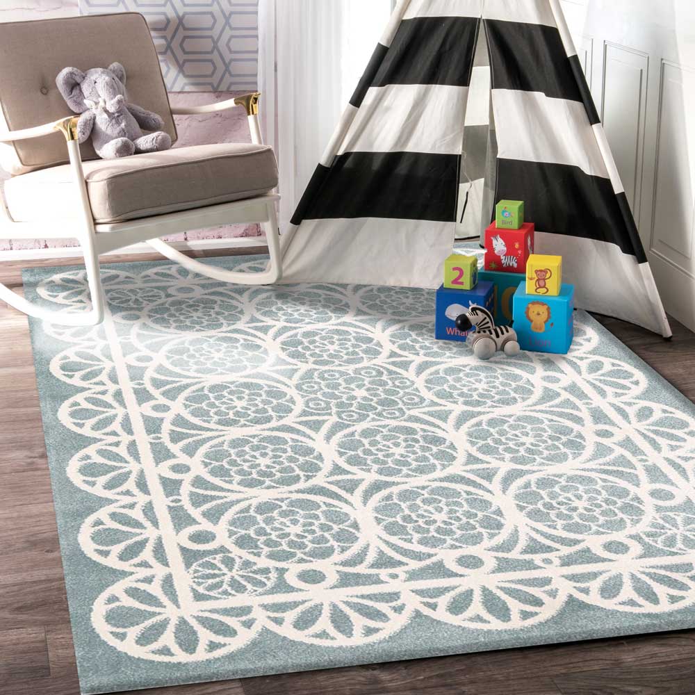 Piccolo Aqua White Doily-style Kids Rugs - Soft, Washable & Ideal for Imaginative Play