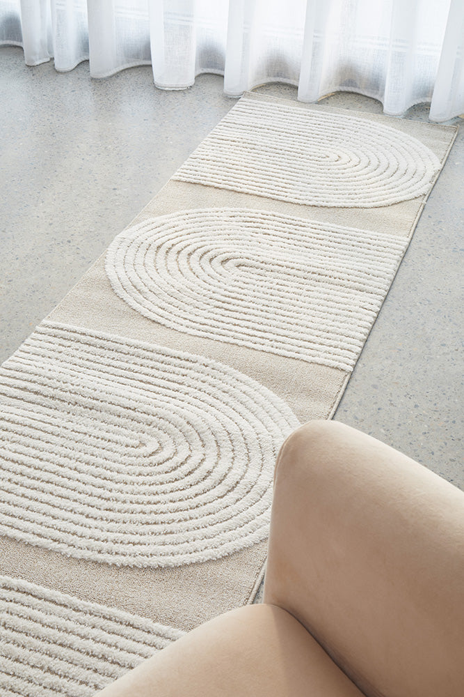 Beige and White Power - Loomed Polypropylene Lotus Abbey Mixed Runner Rug
