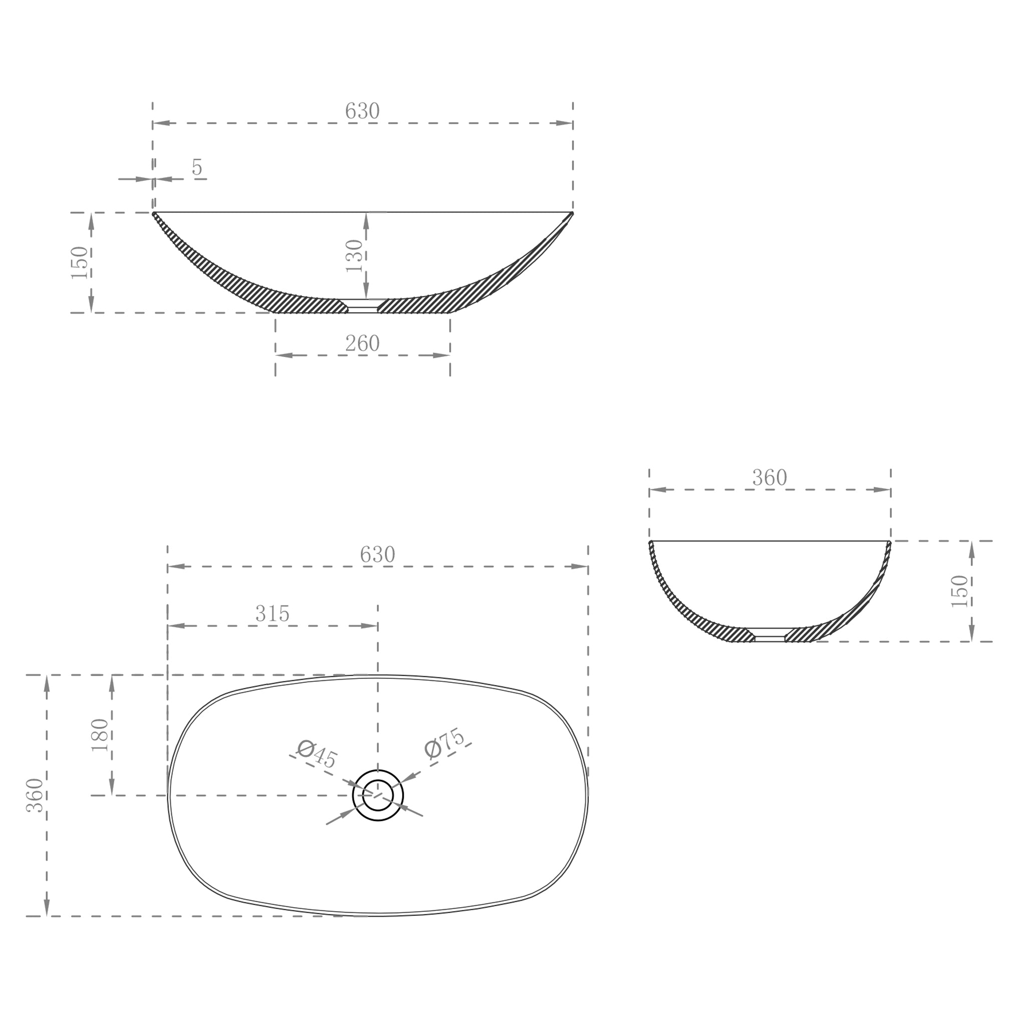 Hot Sale! Oval Poseidon Rolo White Artificial Stone Above - Counter Ceramic Basin (630x360x150mm)