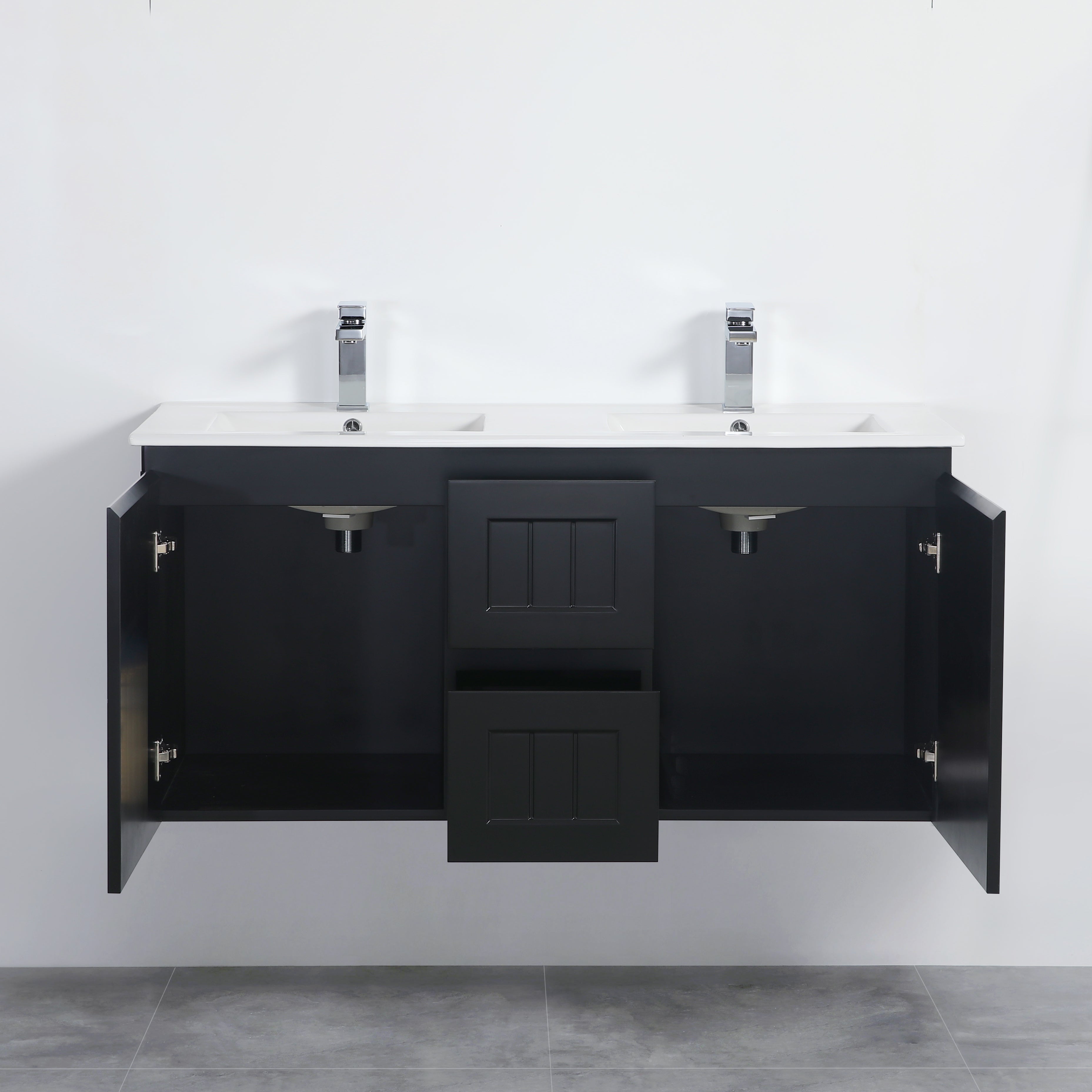 ACACIA Shaker Wall-Hung PVC Vanity - Double Bowl, 1200mm in Matte Black (On Sale!)