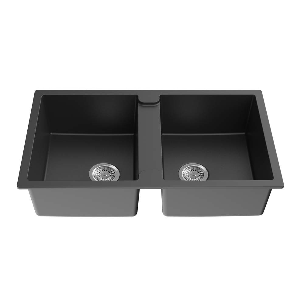 Hot Deal! POS Matte Black Quartz Top-mount Double Kitchen Sink 860x500x216