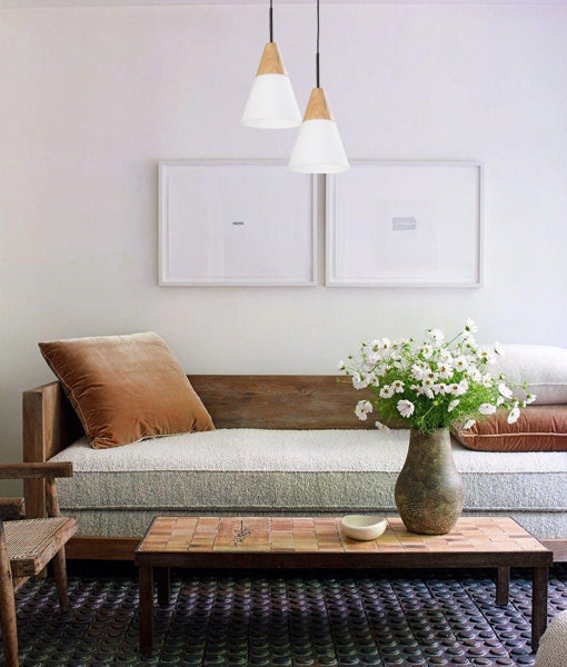Scandinavian-Style Medium Cone Pendant Light with Blonde Wood and Opal Glass