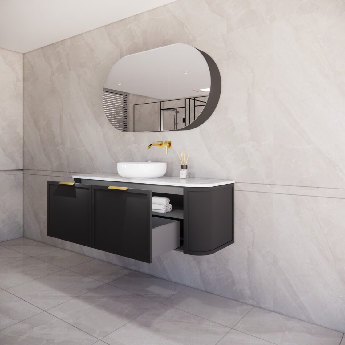 Matte Black ABS Houston Wall Hung Curved Double Bowl Vanity in All Sizes