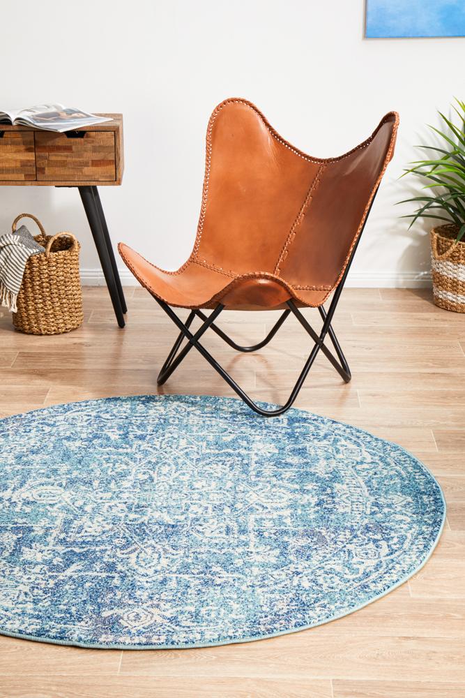 Evoke Muse Blue Transitional Round Polypropylene Rug with Floral Medallion