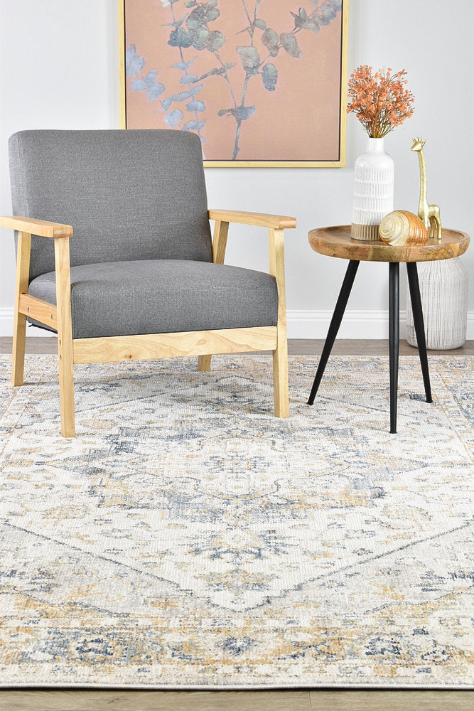 Stylish Medina Blue and Grey Floral Rug 0321B with Faded Look